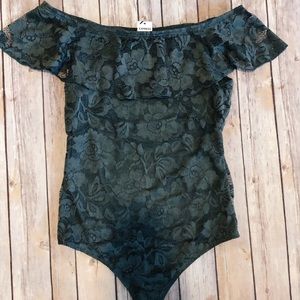 Off The Shoulder Ruffle Lace Thong Bodysuit